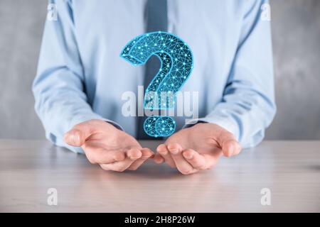 Question mark. 3d abstract on dark background with dots and stars. Ask symbol. Help support, faq problem symbol, think education concept, confusion se Stock Photo
