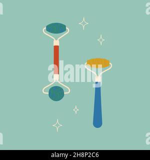 Facial massage roller tool. Self-massage face tools. Vector isolated flat objects for design. Stock Vector