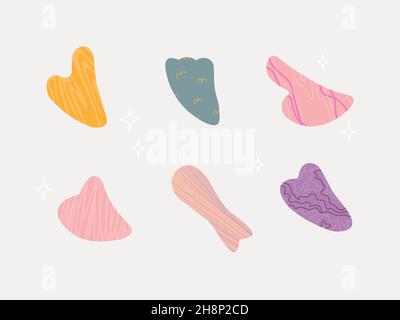 Set of varied guache scraper in different colors and shapes. Stone for face massage. Self-massage tools. Vector isolated flat objects for design. Stock Vector