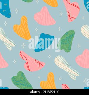 Seamless pattern of a variety of gouache scrapers in different colors and shapes. Stone for face massage. Self-massage tools. Vector repeating pattern Stock Vector
