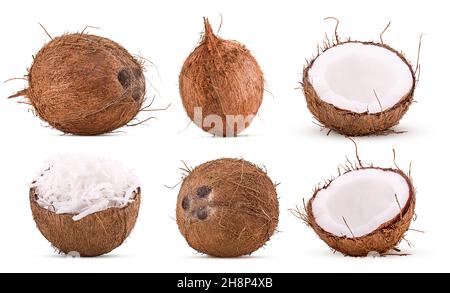 Set coconuts whole, cut in half, grated coconut in shell isolated on white background. Clipping Path. Full depth of field. Stock Photo