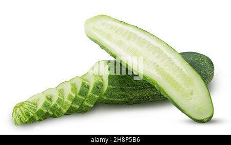 Fresh sliced Cucumber one cut in half isolated on white background. Clipping Path. Full depth of field. Stock Photo