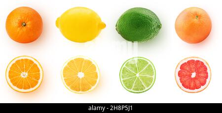 Fresh orange, lemon, lime, grapefruit whole and cut in half slice isolated on white background. Clipping Path. Full depth of field. Stock Photo