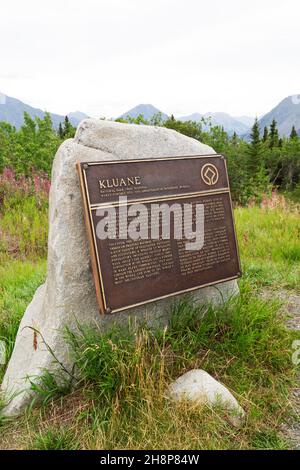 UNESCO World Heritage Site sign at Kluane National Park and Reserve in the Yukon, Canada. Stock Photo