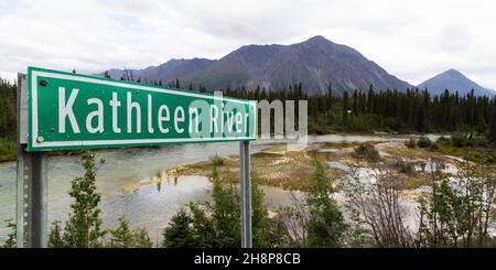 Sign for the Kathleen River in the Yukon, Canada. The waterway flows through Kluane National Park and Reserve. Stock Photo