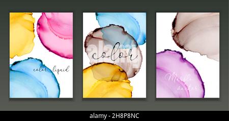 Marble Modern texture. Alcohol ink splash with isolated gold foil dots. Trendy pastel poster design. Liquid flow art Stock Vector