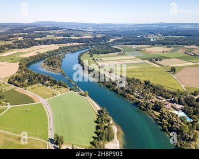 Aerial drone image of the curvy course of Rhine in summer Stock Photo