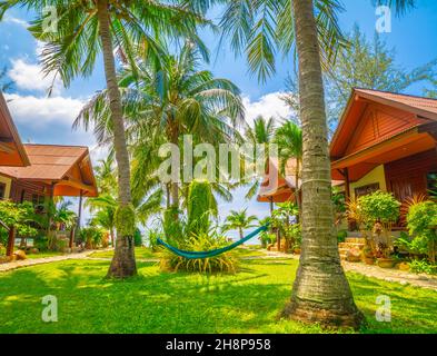 Beautiful beach. Hammock between two palm trees on the beach. holiday and vacation concept Stock Photo