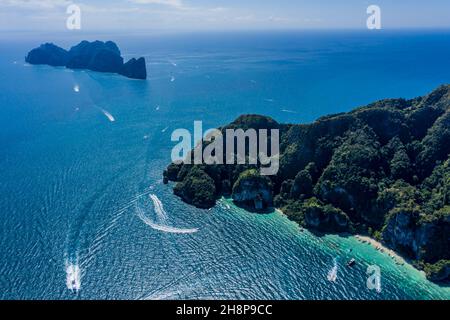 Beautiful panoramic view over Tonsai and Dalum Beach. Green jungles and hot stones on the bright sun of tropical island and the mountains in Andaman S Stock Photo