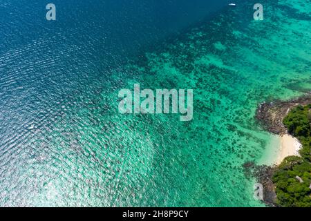 Beautiful panoramic view over Tonsai and Dalum Beach. Green jungles and hot stones on the bright sun of tropical island and the mountains in Andaman S Stock Photo