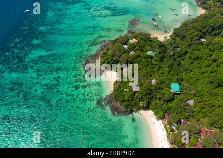 Beautiful panoramic view over Tonsai and Dalum Beach. Green jungles and hot stones on the bright sun of tropical island and the mountains in Andaman S Stock Photo