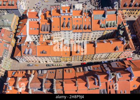 Colorful panorama of old townhouses' rooftops . Aerial view Stock Photo