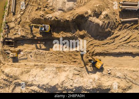 Aerial view on the new road construction site. Warsaw Wilanow Stock Photo