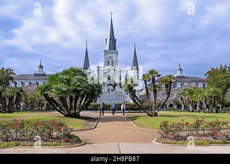 Jackson equestrian statue and St. Louis Cathedral on Jackson Square, French Quarter / Vieux Carré in city New Orleans, Louisiana, United States / USA Stock Photo