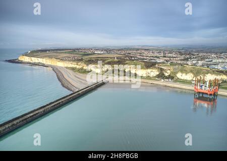 Aerial view along Newhaven Bay with Jack Up RIg and the Fort which overlooks the approaches to Newhaven and the River Ouse. Stock Photo