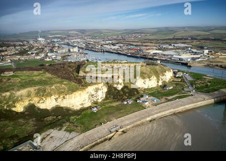 Aerial view of Newhaven Fort overlooking the entrance to Newhaven and the River Ouse. Stock Photo