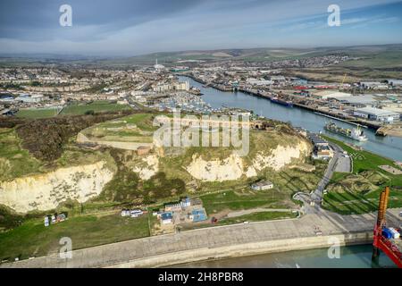 Aerial photo of Newhaven Fort overlooking the entrance to Newhaven and the River Ouse. Stock Photo
