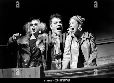 ROAD by Jim Cartwright design: Paul Brown lighting: Christopher Toulmin director: Simon Curtis  l-r: Jane Horrocks (Louise / Clare / Valerie), Ian Dury (Scullery), Mossie Smith (Carol / Chantal)  Royal Court Theatre, London SW1  26/01/1987 Stock Photo