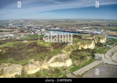 Newhaven Fort Hill and National Coastguard Lookout over the approach to Newhaven Port, Aerial View. Stock Photo