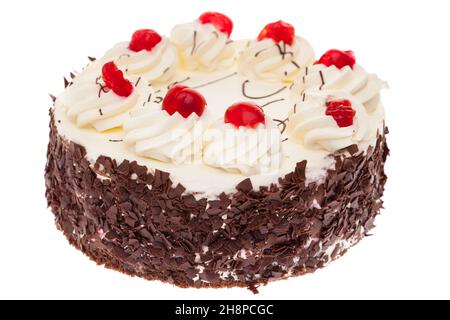 A whole black forest cake isolated on white background cake, whole, black forest cake, chocolate, cream pie, cream, cherries, cherry pie Stock Photo