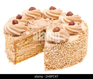 edible nut cake with one piece of cake missing isolated on white backgroundnut, cake, pie, Nut cake, white background, hazelnut, cream, white, piece Stock Photo