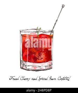 Fresh cherry and spiced rum cocktail - vector illustration Stock Vector