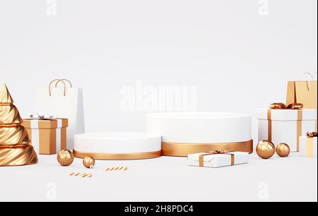 Two Xmas podiums with white and golden decorative stuff for product presentation. Elegant pedestal platforms for promotional Xmas marketing and online Stock Photo