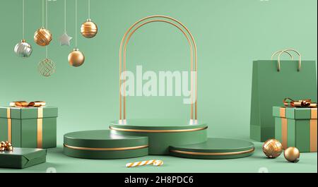 Three Christmas green podiums with golden decorative stuff for product display. Elegant pedestals for promotional Xmas marketing and online shopping c Stock Photo