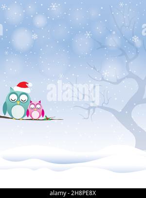 Owls sleeping in the snow with Santa Hat background Stock Vector