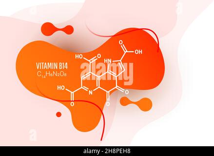 Vitamin B14 PQQ , methoxatin C14H6N2O8 molecule formula with liquid fluid shapes on white background, vector illustration Stock Vector