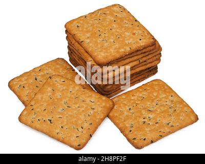 Many delicious crackers on white background, top view Stock Photo
