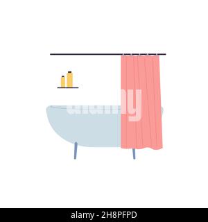 Flat cartoon bathtub with curtain and shelf with personal hygiene items,home bathroom furniture,interior elements vector illustration concept Stock Vector