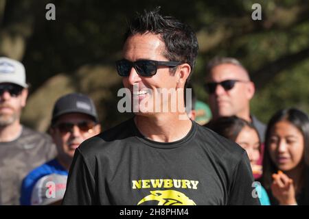 Newbury Park Panthers coach Sean Brosnan reacts during the CIF State Cross Country Championships at Woodward Park, Saturday, Nov. 27, 2021, in Fresno, Calif. Stock Photo