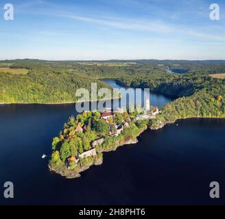Aerial view of Castle Zvikov located on confluence of Vltava and Otava rivers in Czechia Stock Photo