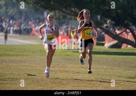 Anna Mcnatt (1001) of McClatchy defeats Sam Mcdonnell (1133) of Newbury Park to win the girls Division I race, 17:07.5 to 17:08.7, during the CIF State Cross Country Championships at Woodward Park, Saturday, Nov. 27, 2021, in Fresno, Calif. Stock Photo