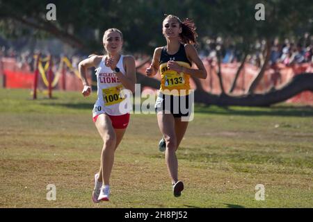 Anna Mcnatt (1001) of McClatchy defeats Sam Mcdonnell (1133) of Newbury Park to win the girls Division I race, 17:07.5 to 17:08.7, during the CIF State Cross Country Championships at Woodward Park, Saturday, Nov. 27, 2021, in Fresno, Calif. Stock Photo