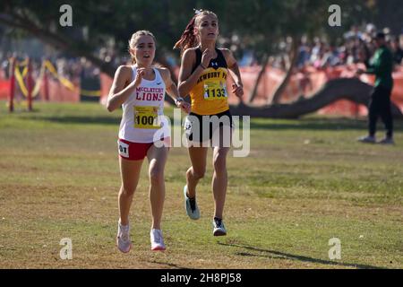 Anna Mcnatt (1001) of McClatchy defeats Sam Mcdonnell (1133) of Newbury Park to win the girls Division I race, 17:07.5 to 17:08.7, during the CIF State Cross Country Championships at Woodward Park, Saturday, Nov. 27, 2021, in Fresno, Calif. Stock Photo