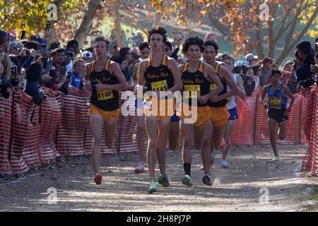 Aaron Sahlman (1140), Leo Young, Colin Sahlman and Lex Young (1143) of Newbury Park-SS lead the boys Division I race during the CIF State Cross Country Championships at Woodward Park, Saturday, Nov. 27, 2021, in Fresno, Calif. Stock Photo