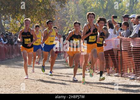 Aaron Sahlman (1140), Leo Young, Colin Sahlman and Lex Young (1143) of Newbury Park-SS lead the boys Division I race during the CIF State Cross Country Championships at Woodward Park, Saturday, Nov. 27, 2021, in Fresno, Calif. Stock Photo