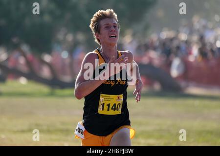 Aaron Sahlman (1140) of Newbury Park-SS places fourth in the boys Division I race in 14:55.6 during the CIF State Cross Country Championships at Woodward Park, Saturday, Nov. 27, 2021, in Fresno, Calif. Stock Photo