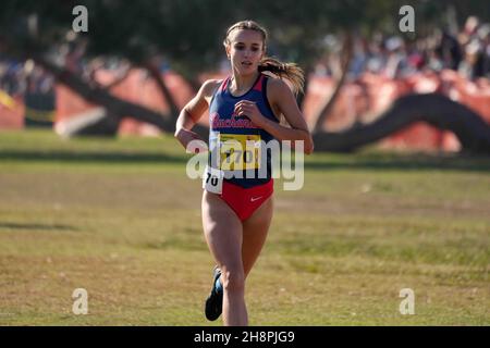 Sydney Sundgren (170) of Buchanan-CS places third in the girls Division I race in 17:30.4 during the CIF State Cross Country Championships at Woodward Park, Saturday, Nov. 27, 2021, in Fresno, Calif. Stock Photo