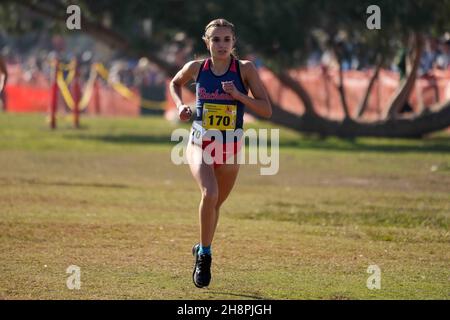 Sydney Sundgren (170) of Buchanan-CS places third in the girls Division I race in 17:30.4 during the CIF State Cross Country Championships at Woodward Park, Saturday, Nov. 27, 2021, in Fresno, Calif. Stock Photo