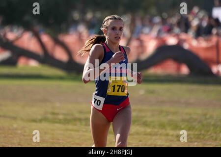 Sydney Sundgren (170) of Buchanan-CS places third in the girls Division I race in 17:30.4 during the CIF State Cross Country Championships at Woodward Park, Saturday, Nov. 27, 2021, in Fresno, Calif. Stock Photo