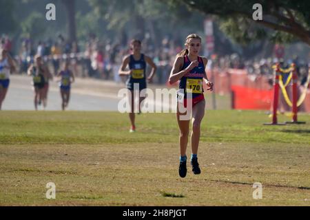 Sydney Sundgren (170) of Buchanan-CS places third in the girls Division I race in 17:30.4 during the CIF State Cross Country Championships at Woodward Park, Saturday, Nov. 27, 2021, in Fresno, Calif. Stock Photo