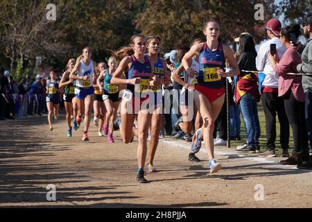 Sydney Sundgren (170) of Buchanan-CS, Brianne Smith (1353) of Quartz Hill-SS and Grace Hutchison (166) of Buchanan-CS run in the girls Division I race during the CIF State Cross Country Championships at Woodward Park, Saturday, Nov. 27, 2021, in Fresno, Calif. Stock Photo