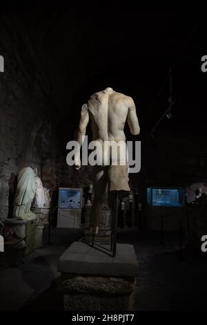 Archaeological Museum in Side, Antalya, Turkey - November 14, 2021;  Ancient marble Roman statues collection from the Hellenistic, Roman and Byzantine. Stock Photo