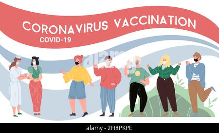 Flat cartoon doctor and patients characters,vaccination and coronavirus prevention vector illustration concept Stock Vector