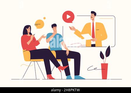 Vector illustration on the subject of video conference, online meeting, group discussion. Editable stroke Stock Vector