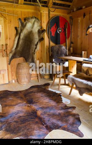 Gudvangen, Norway - Circa September 2021: Interior of a Viking house with viking decoration Stock Photo