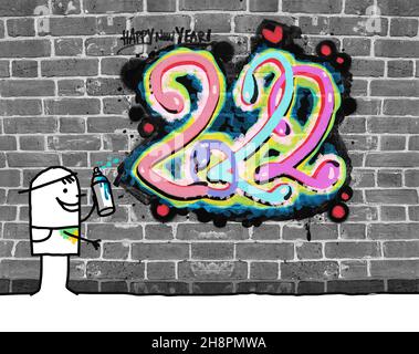 hand drawn Cartoon Painter Boy and Fresh 2022 Graffiti on a Wall